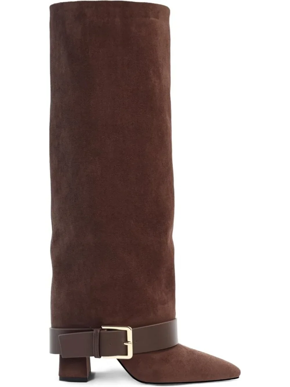 Women's Brown Suede Chunky Heel Pointed Toe Wide Calf Fold Over Knee High Boots